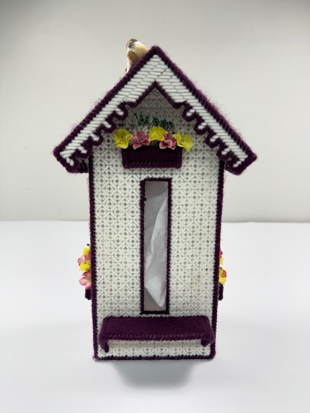 Handmade Plastic Canvas Birdhouse Cottage Tissue Box Cover Purple White Vintage